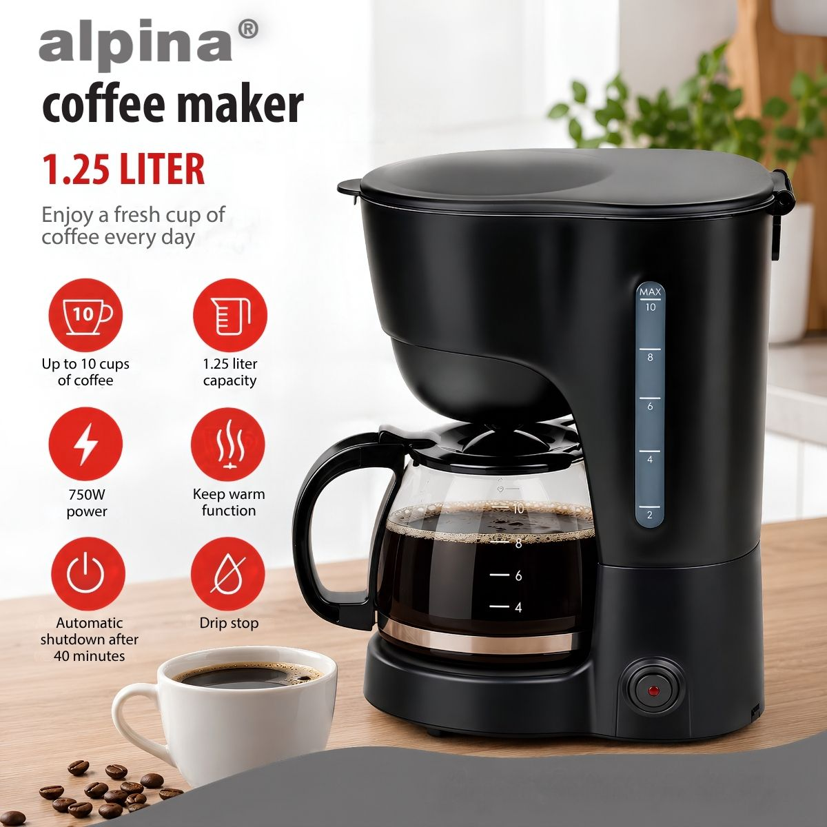Une cafetière Alpina noire sur une table en bois avec une verseuse, une tasse de café et des grains.