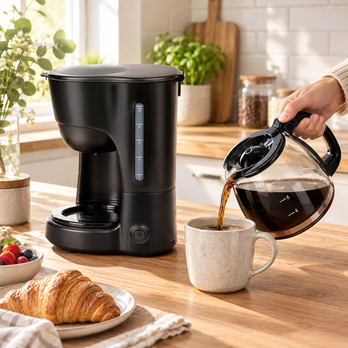 Une cafetière est sur le plan de travail de la cuisine pendant qu'on verse du café.