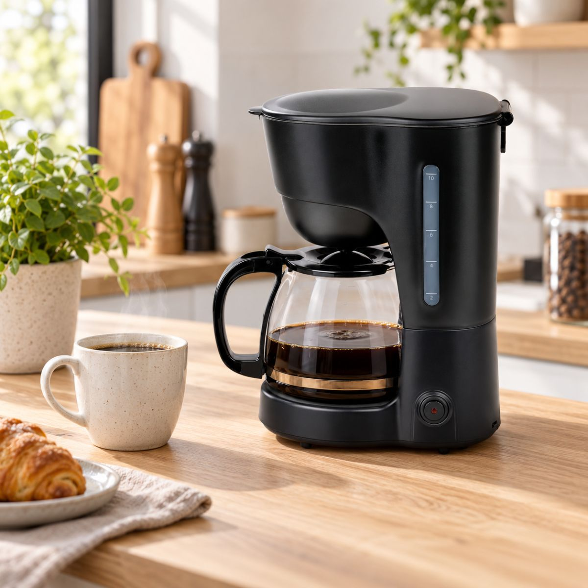 Une cafetière filtre noire sur un comptoir en bois à côté d'une tasse de café et de croissants.