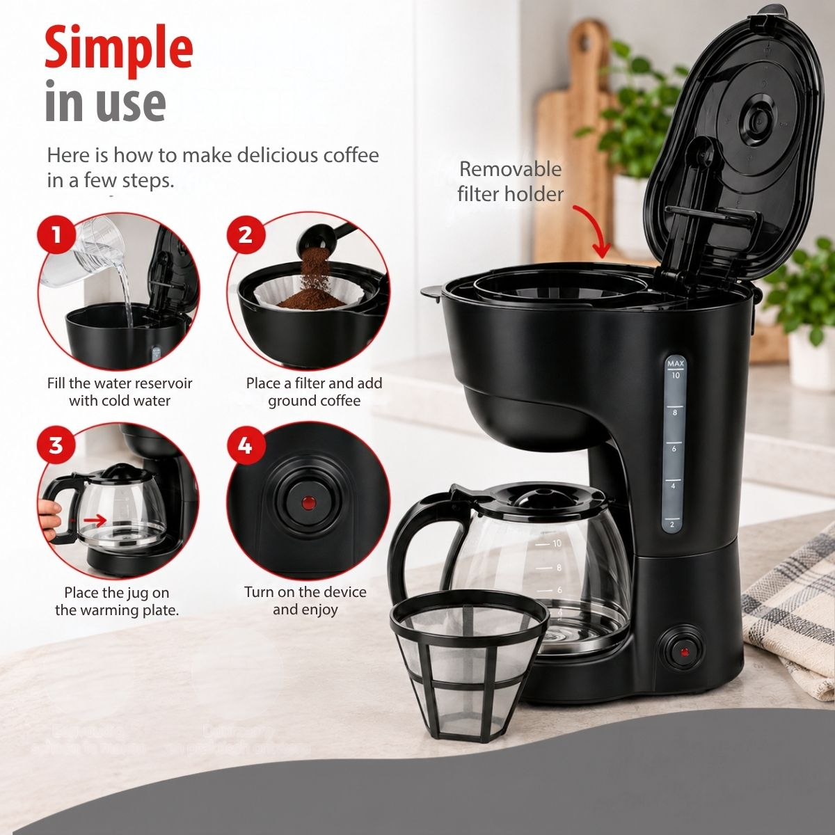 Un guide montre quatre étapes pour faire du café avec une cafetière filtre noire.