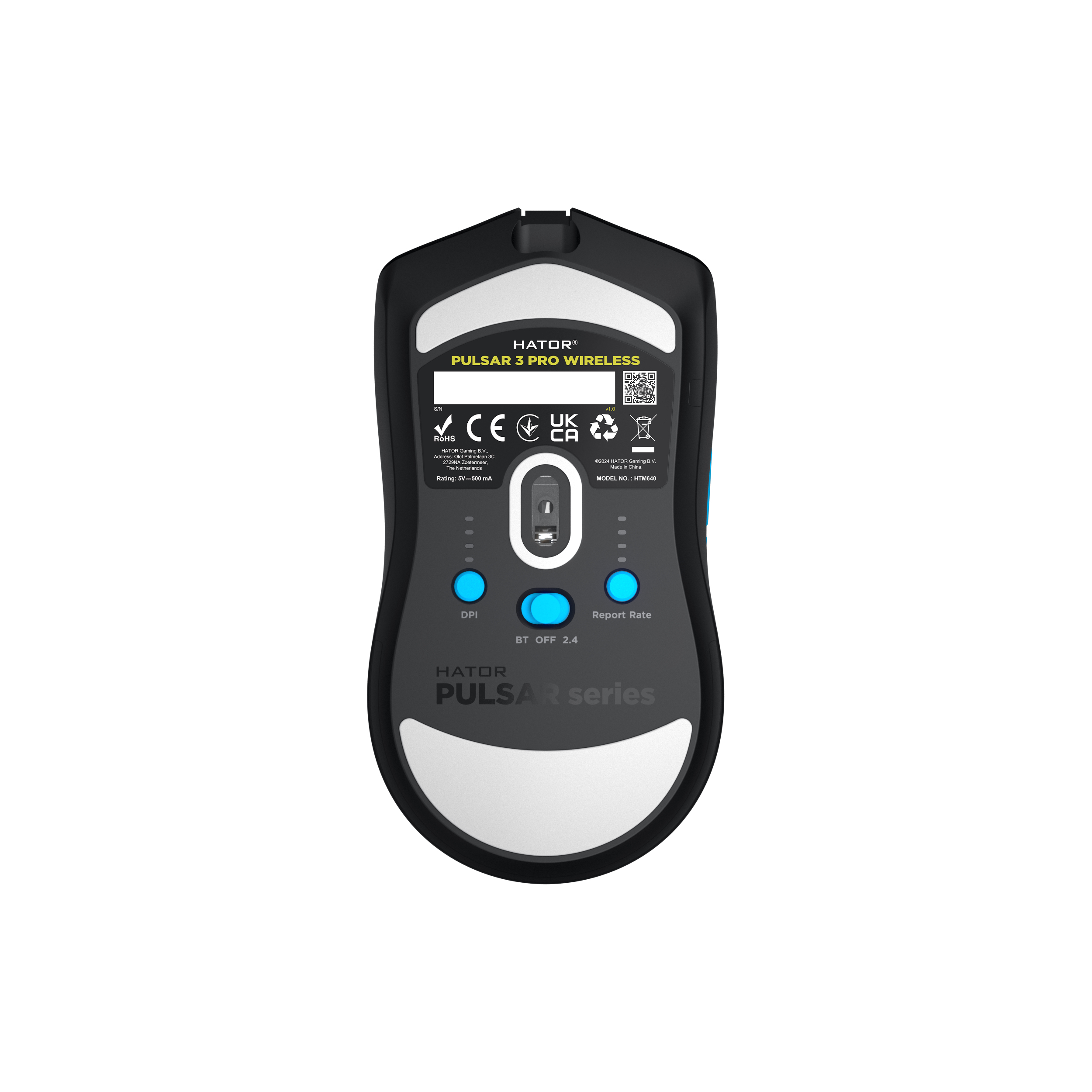 Die Unterseite einer schwarzen Hator Pulsar 3 Pro Wireless Gaming-Maus mit blauen Knöpfen und weißem Sensor.