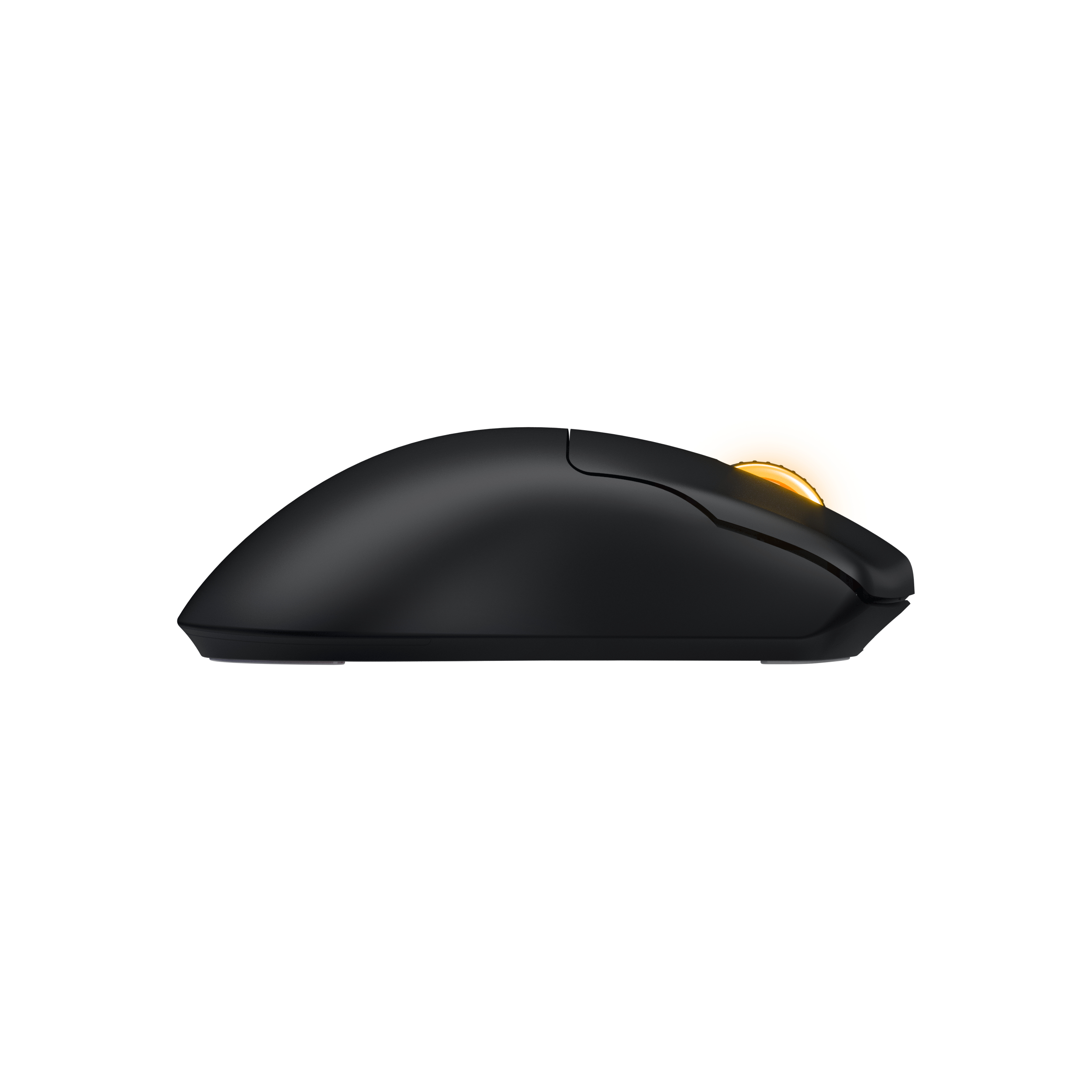 Eine elegante schwarze Computermaus von der Seite auf weißem Hintergrund, mit einem leuchtend gelben Scrollrad.