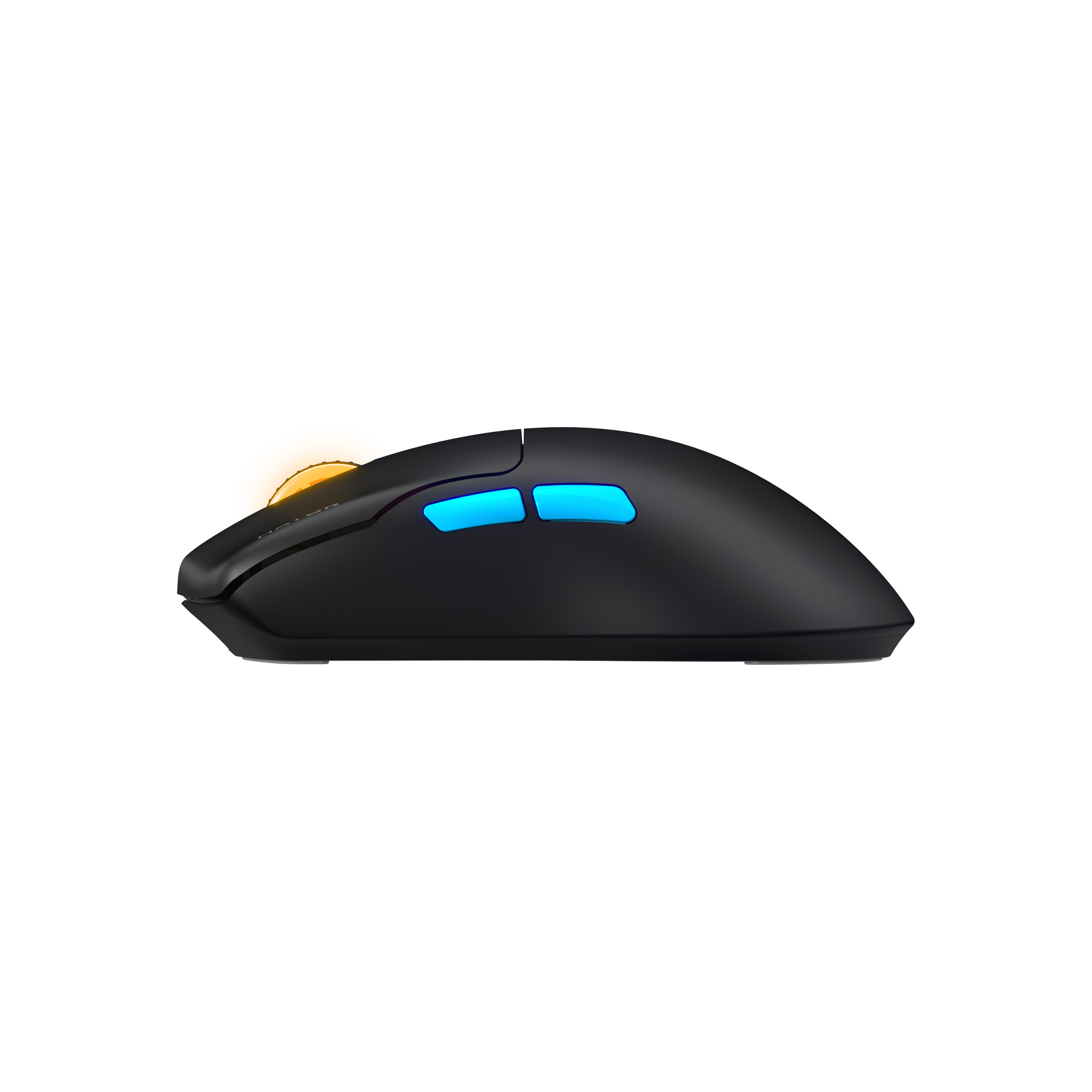 Eine schwarze kabellose Computermaus mit beleuchteten blauen Seitentasten und einem orange leuchtenden Scrollrad.