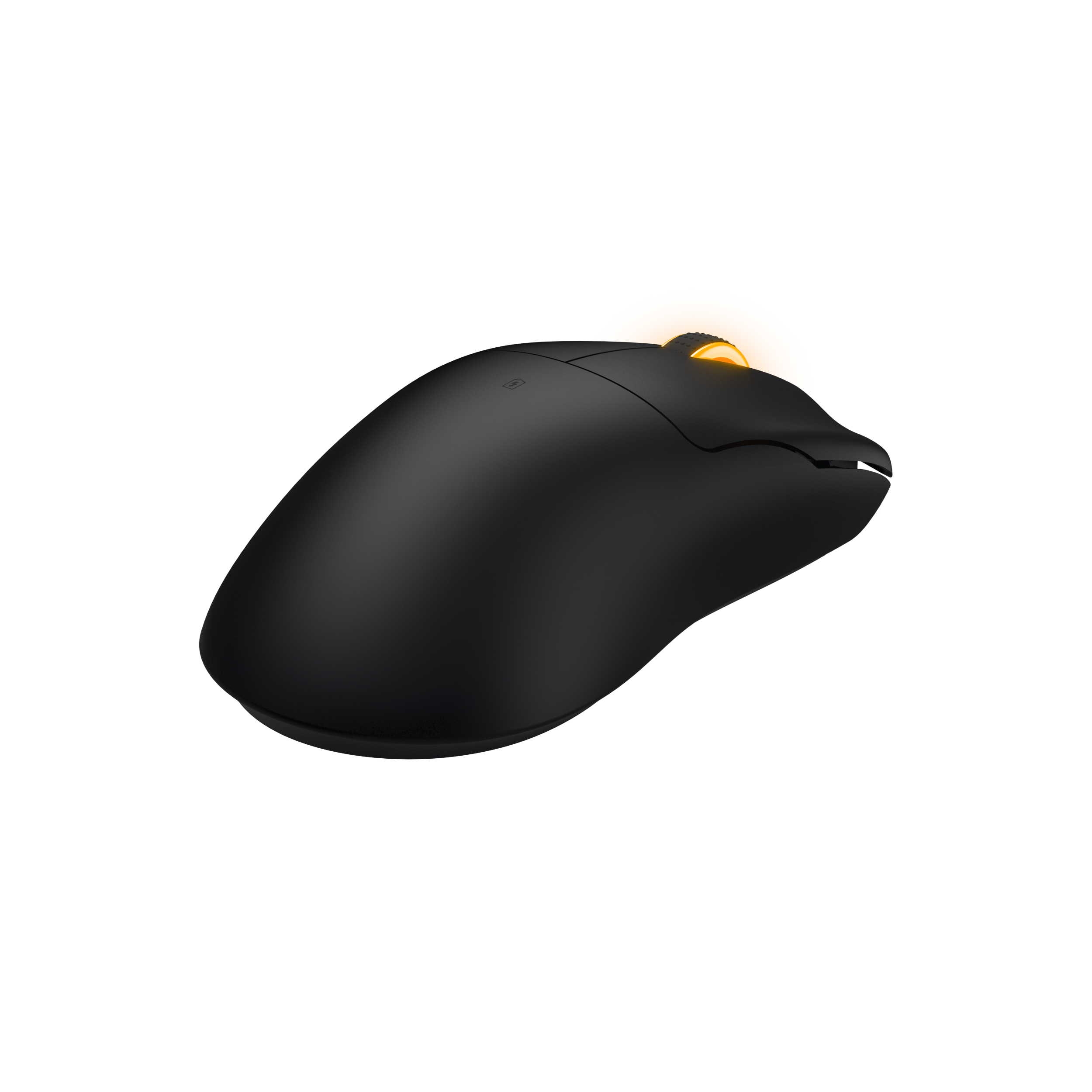 Eine elegante schwarze Computermaus mit beleuchtetem orangefarbenen Scrollrad auf weißem Hintergrund.