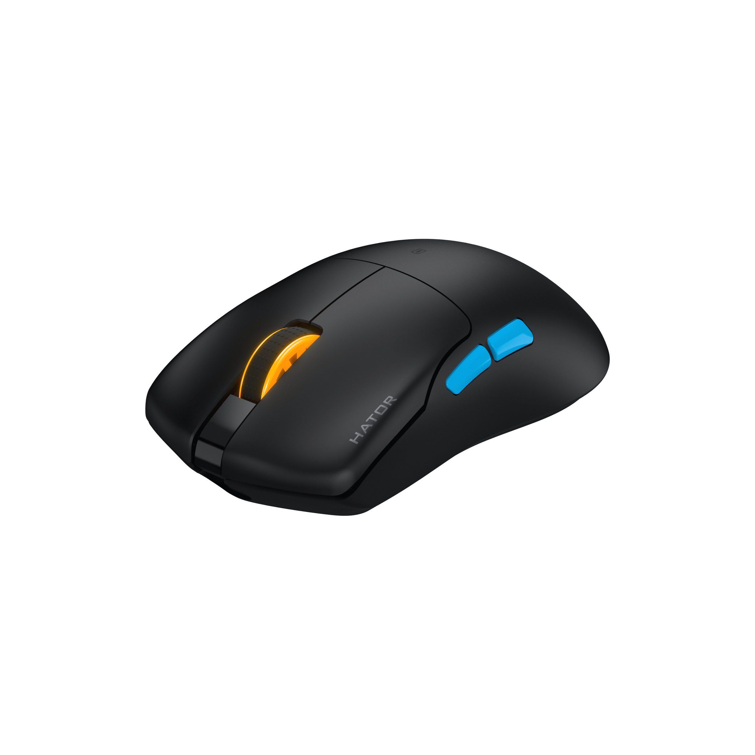 Schwarze kabellose Computermaus mit beleuchtetem orangefarbenem Scrollrad und blauen Seitentasten auf weißem Grund.