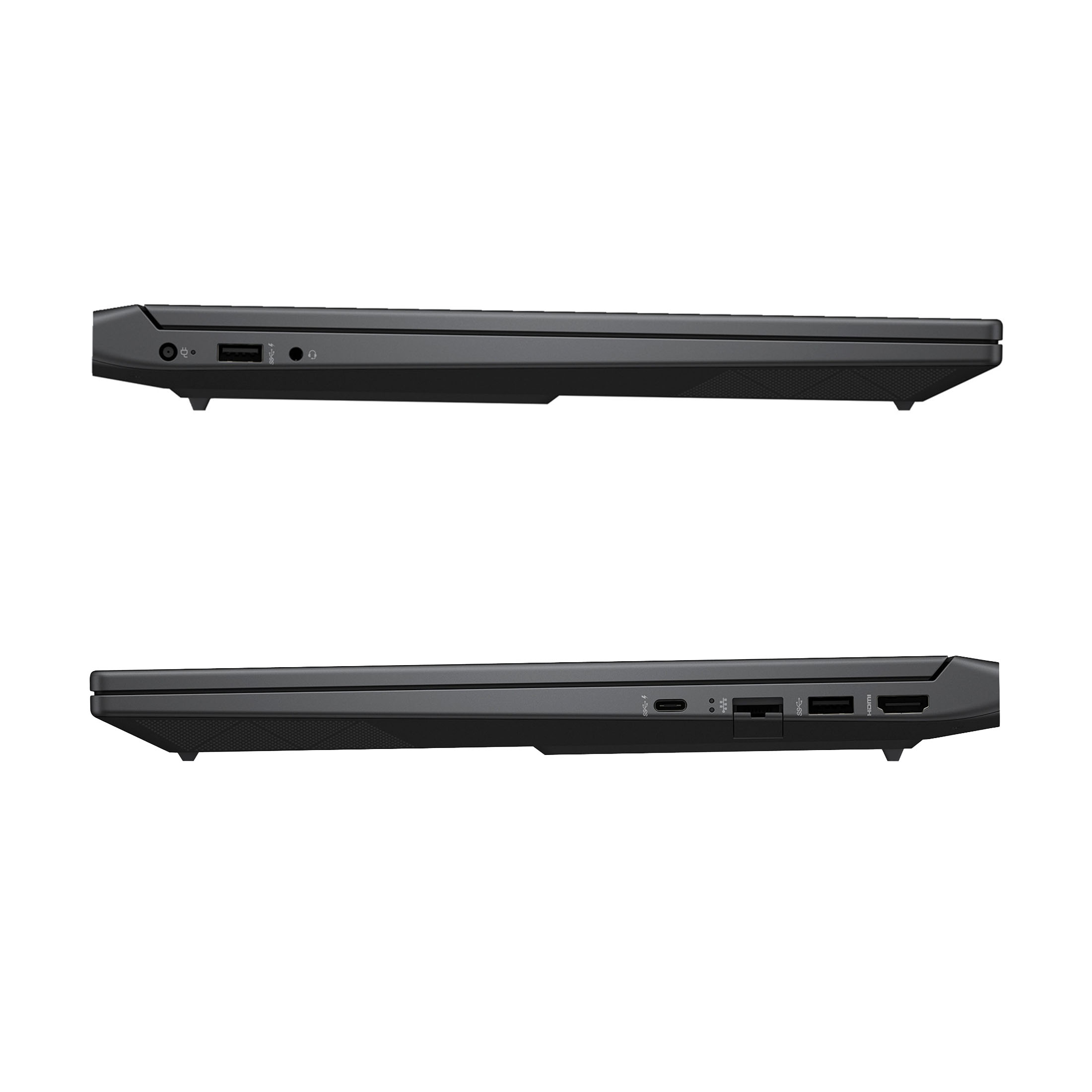 Seitenansichten eines geschlossenen dunklen Laptops mit verschiedenen Anschlüssen.