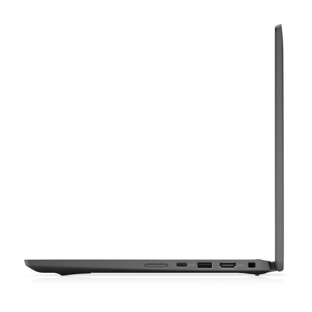 Widok z boku szarego laptopa pokazujący różne porty na obudowie.