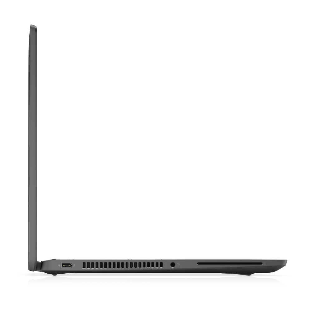 Lewy profil ciemnego laptopa z portem USB-C, szczelinami wentylacyjnymi i gniazdem słuchawkowym.