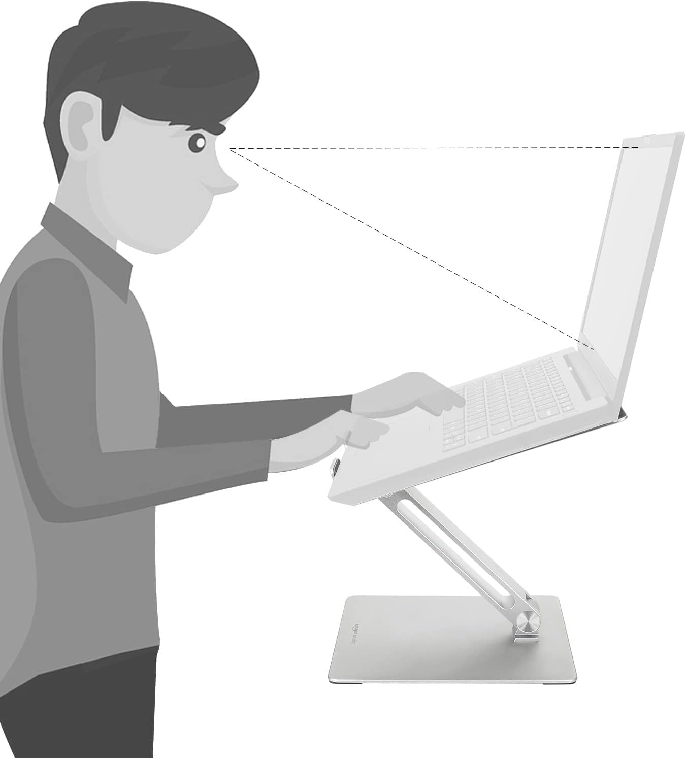 Eine Person steht und benutzt einen Laptop auf einem verstellbaren Metallständer, um den Blick auf Augenhöhe zu zeigen.