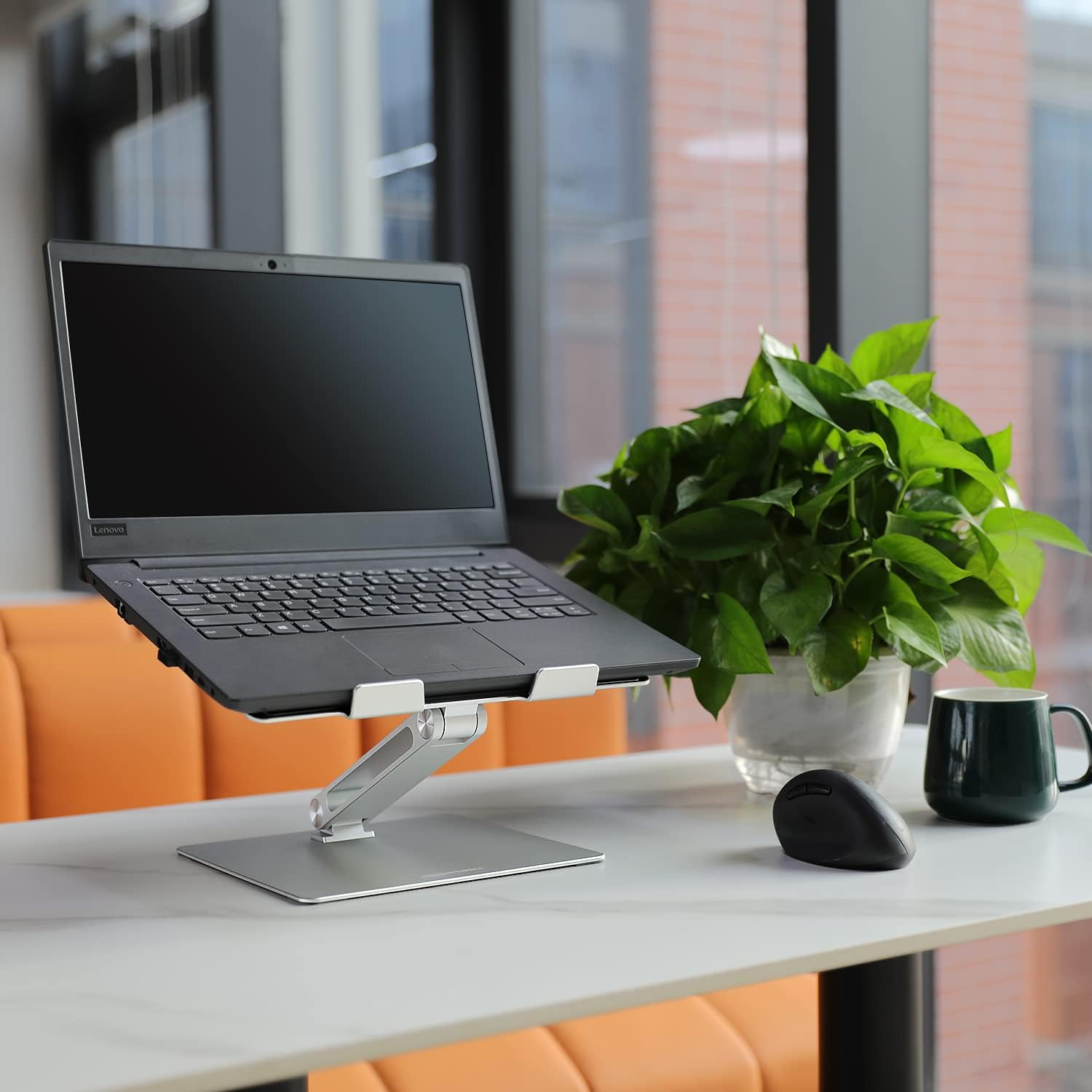 Ein aufgeklappter schwarzer Laptop auf einem silbernen Ständer, daneben eine Topfpflanze, eine Maus und eine Tasse.