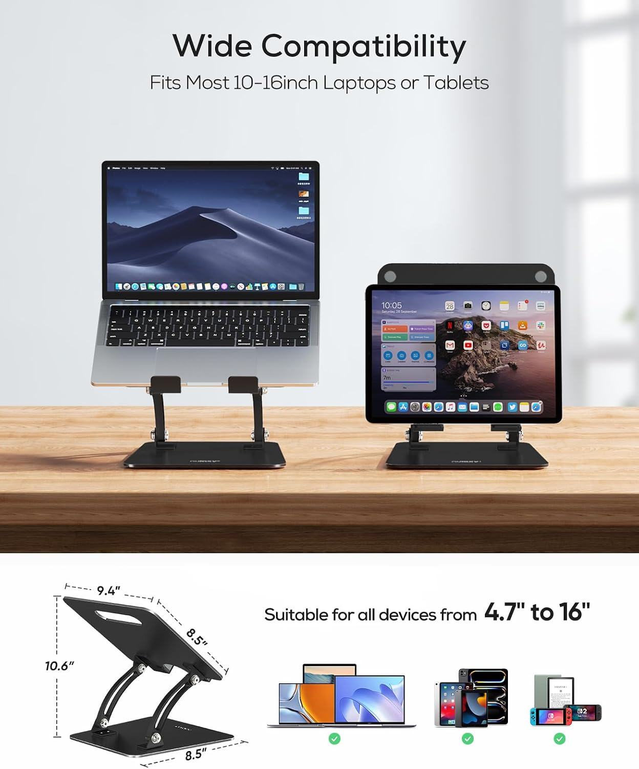 Zwei schwarze verstellbare Ständer halten Laptop und Tablet auf Holztisch für Geräte von 4.7 bis 16 Zoll.