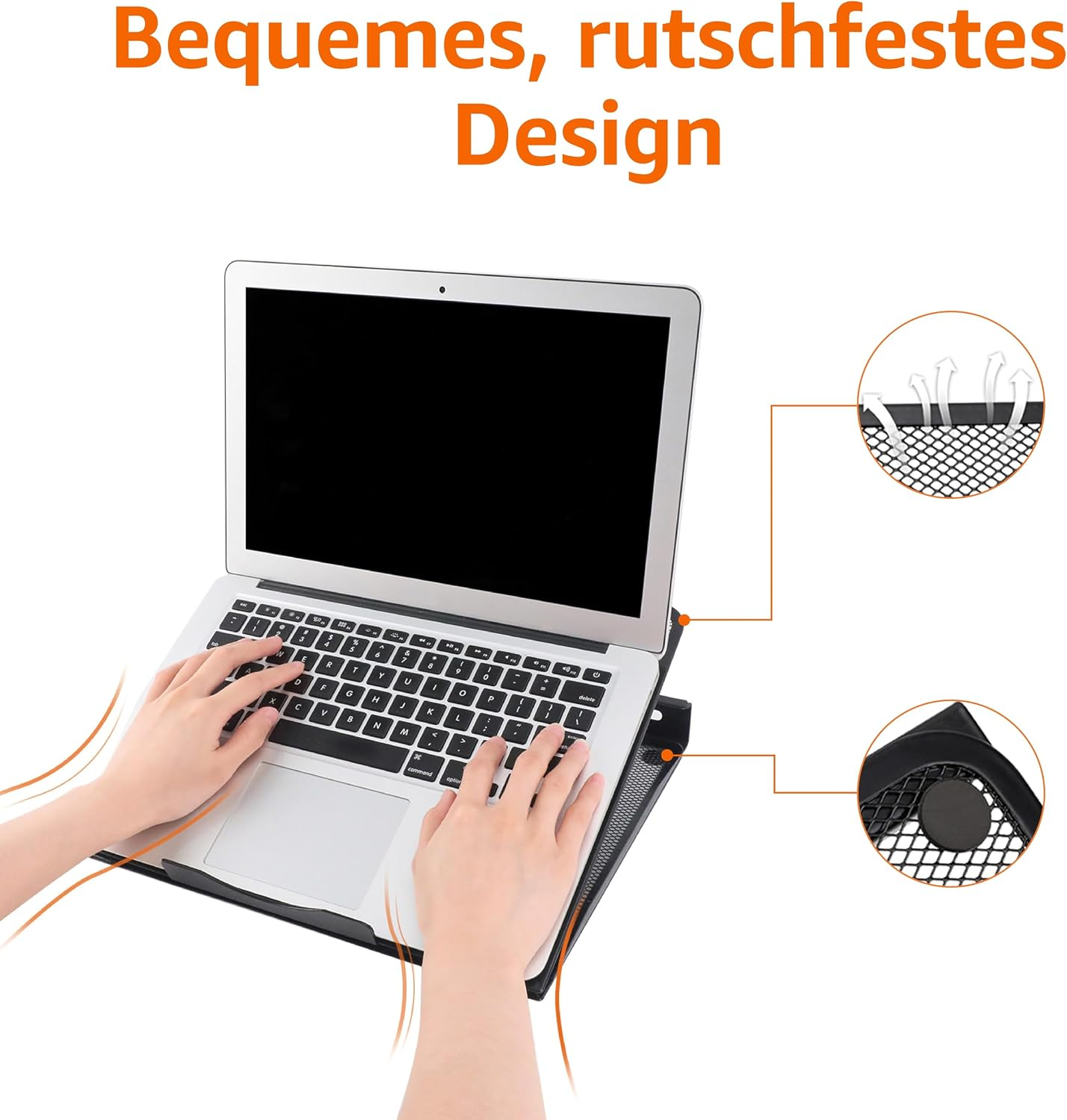 Hände tippen auf einem Laptop auf einem verstellbaren, schwarzen Mesh-Ständer mit Luftzirkulation.