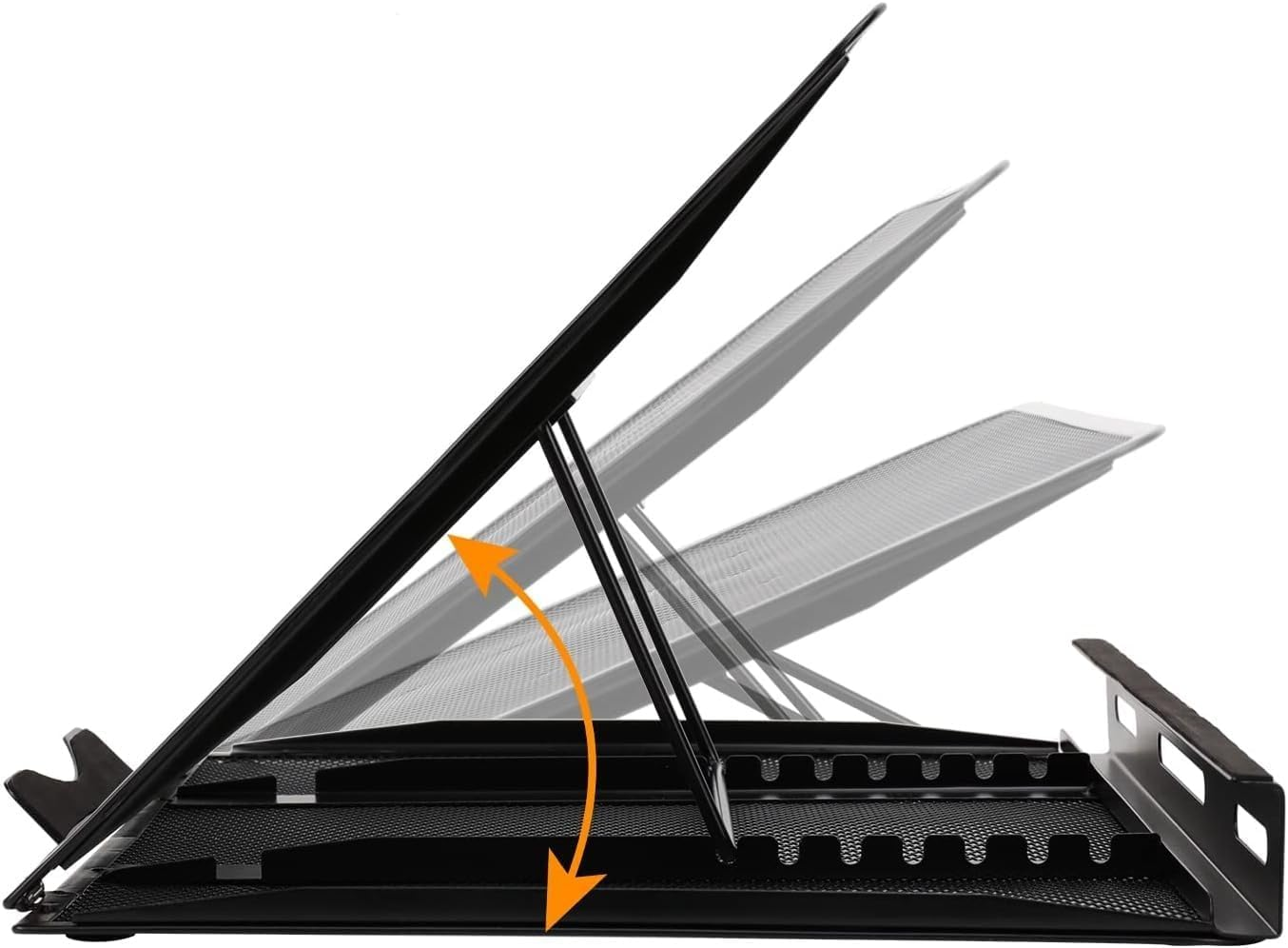Ein schwarzer, verstellbarer Laptopständer mit mehreren Höhenewinkeln und einem orangefarbenen Richtungspfeil.