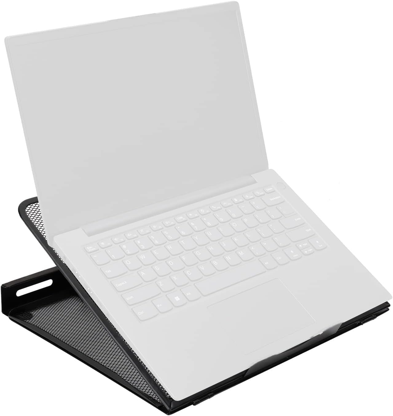 Ein weißer Laptop steht auf einem schwarzen Metall-Laptophalter.