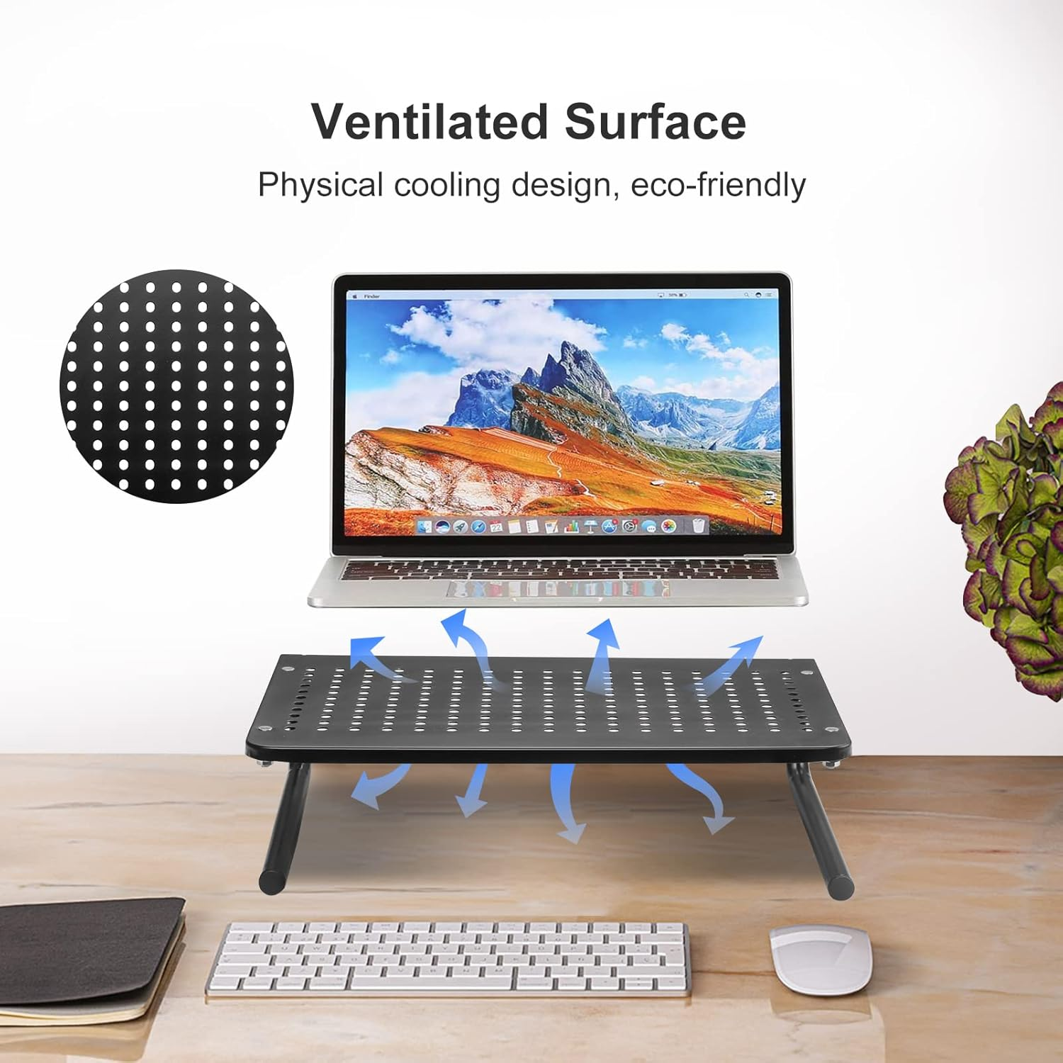 Belüfteter Laptop-Ständer auf einem Schreibtisch mit blauem Luftstrom, der Kühlung zeigt.