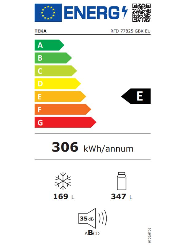 Teka RFD 77825 GBK EU enerji etiketi E sınıfı, 306 kWh/yıl, 169L, 347L ve 35 dB.