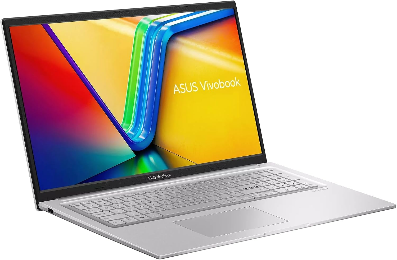 Ein silberner ASUS Vivobook Laptop mit einem bunten Bildschirm und beleuchteter Tastatur.