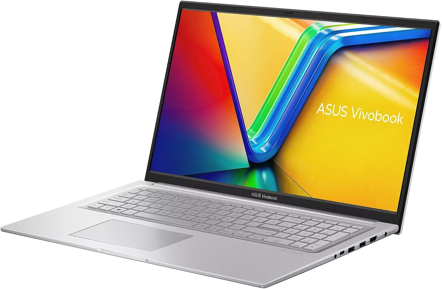 Silberner ASUS Vivobook Laptop mit farbenfrohem abstrakten Hintergrundbild auf dem Bildschirm.