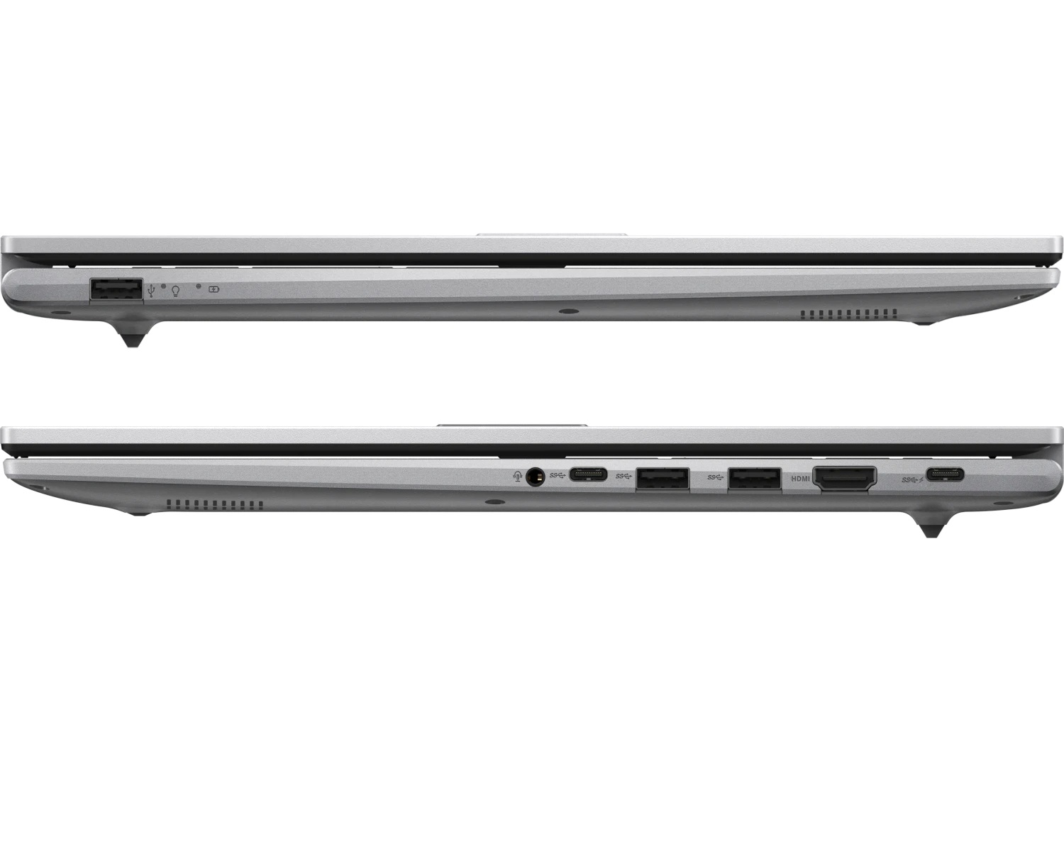 Seitenansichten eines geschlossenen silbernen Laptops mit verschiedenen USB-, HDMI- und Audioanschlüssen.