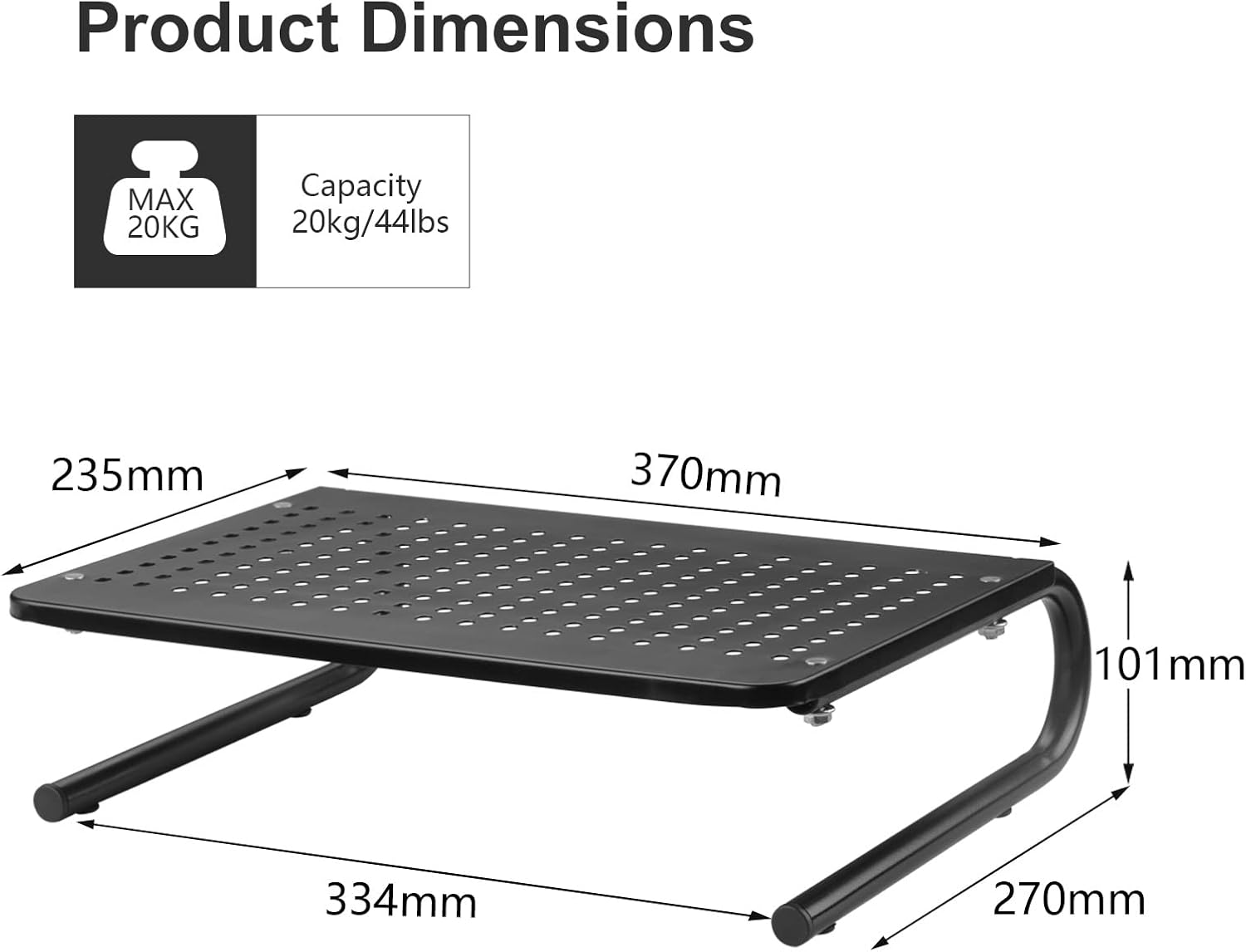 Produktmaße-Grafik mit schwarzem Monitorständer, 20 kg Tragkraft und Abmessungen in mm.
