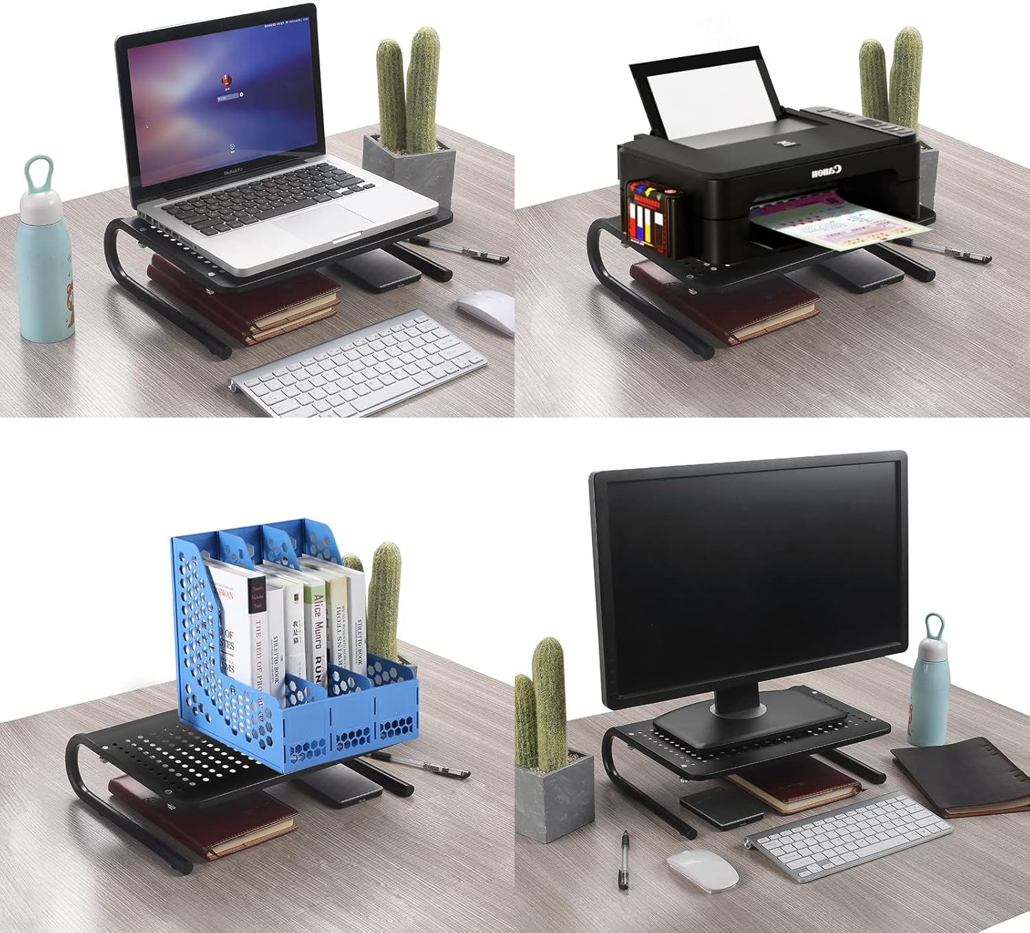 Vier Bilder zeigen einen schwarzen Metall-Schreibtischständer mit Laptop, Drucker, blauem Aktenordner und Monitor.