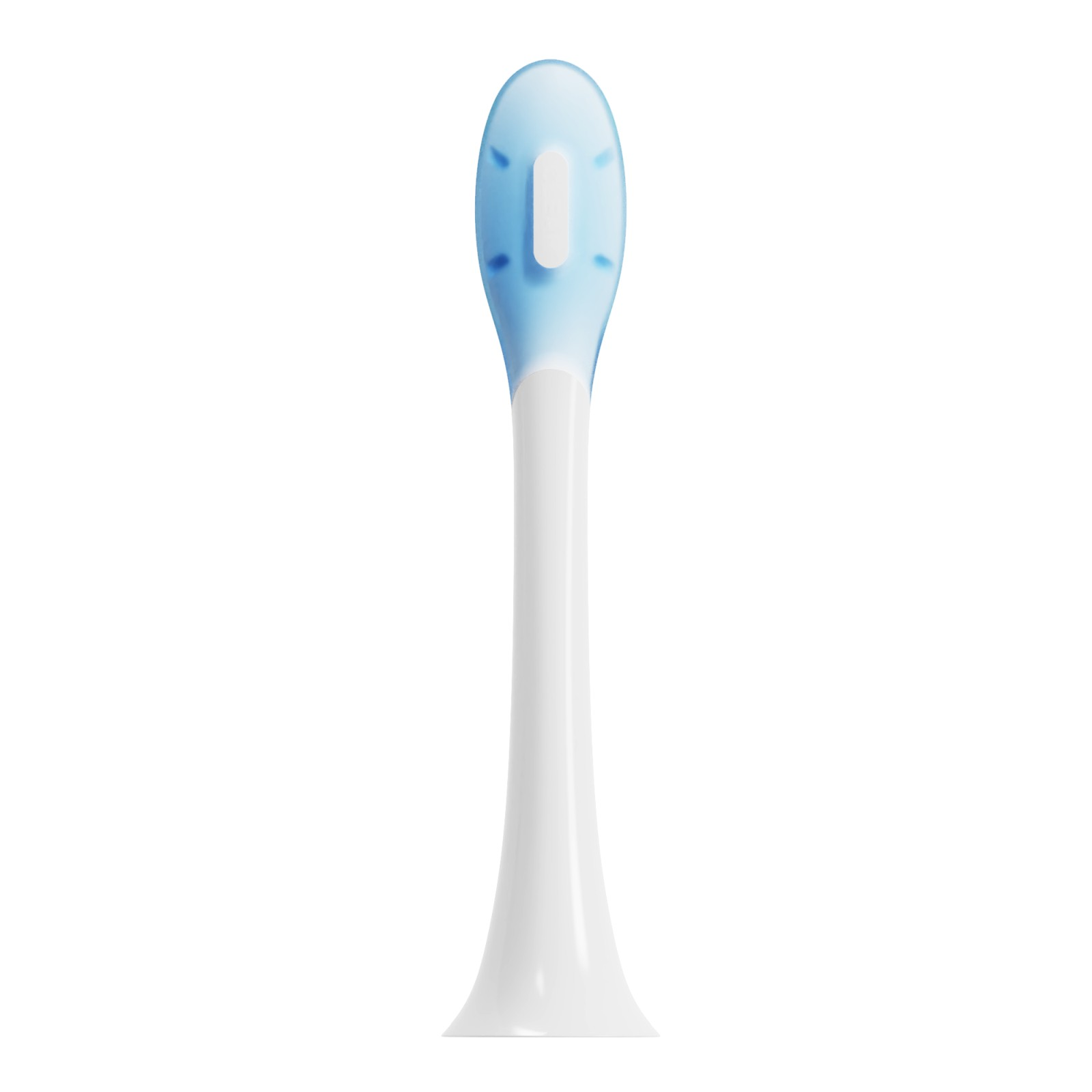Una testina di spazzolino elettrico bianca e blu su sfondo bianco.