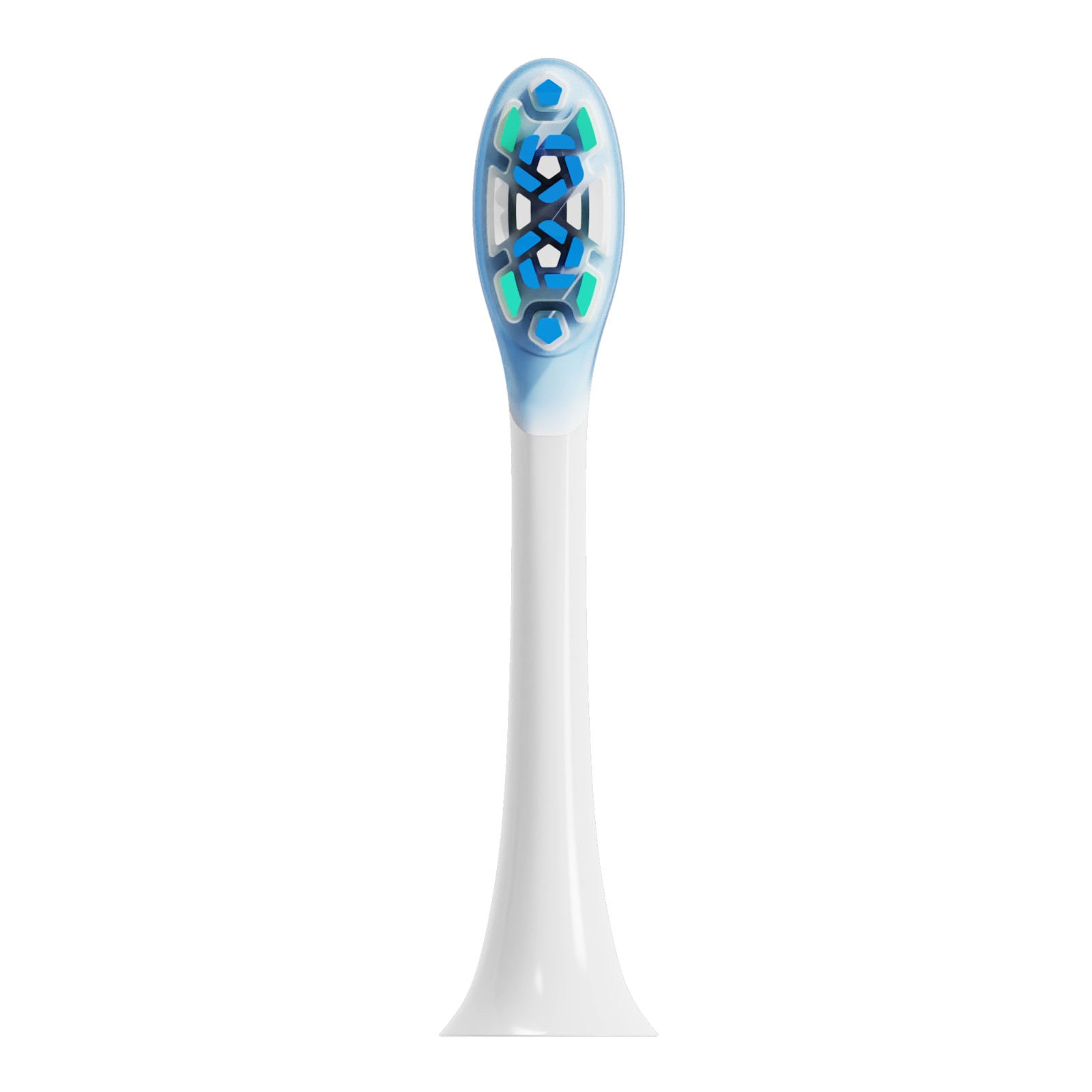Una testina di spazzolino elettrico bianca con setole blu e verdi su sfondo bianco.