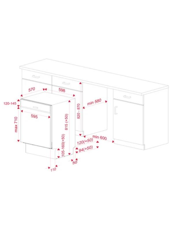 Dibujo técnico de una encimera de cocina con medidas para lavavajillas y armarios.