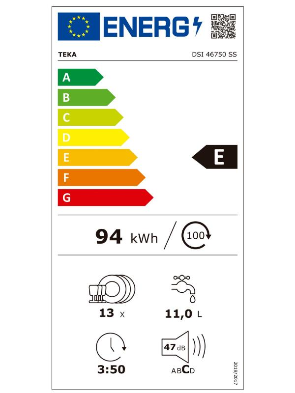 Etiqueta energética UE lavavajillas Teka, clase E, consumo 94 kWh, capacidad 13 cubiertos, 11L agua, 47 dB.