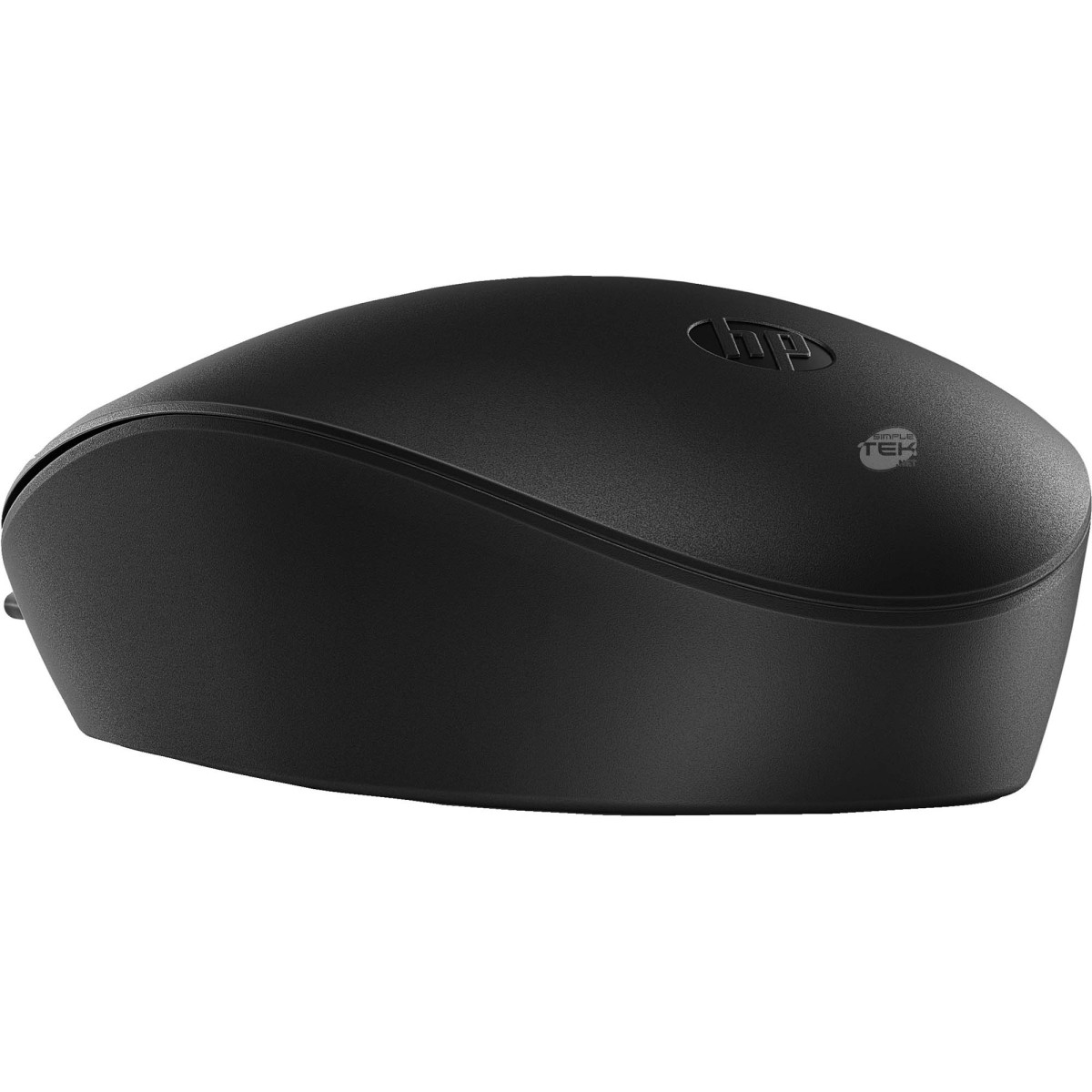 Eine schwarze kabellose HP Computermaus vor weißem Hintergrund.