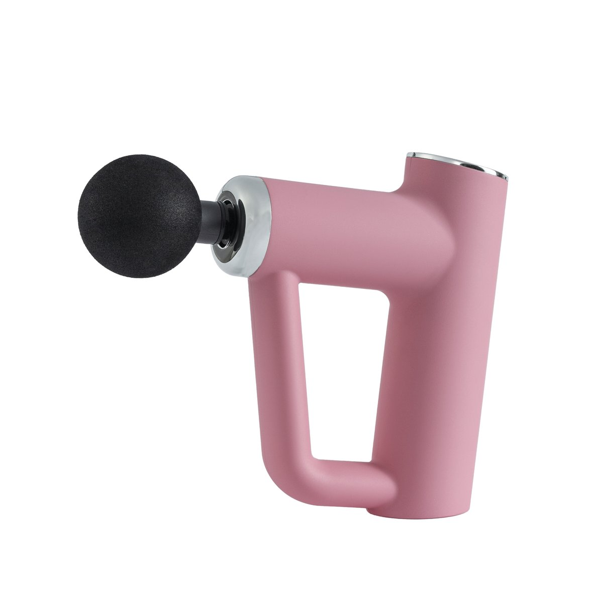 Pistola massaggiante rosa con testa a sfera nera su sfondo bianco.