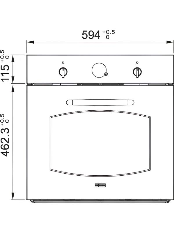 Ölçüleri belirtilen fırının teknik çizimi: genişlik 594 mm, yükseklik 462,3 mm, kontrol paneli 115 mm.
