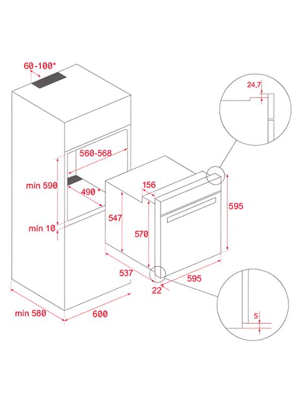 Dibujo técnico que muestra las dimensiones de instalación de un horno empotrado.