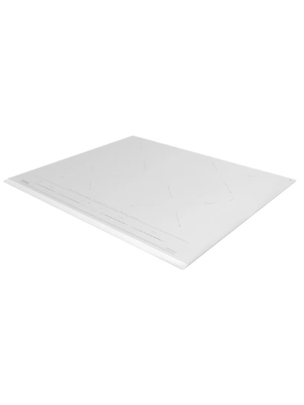 Una placa de inducción blanca con marcas grises y panel táctil sobre una superficie blanca.
