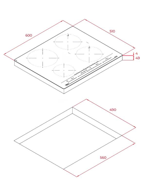 Dibujo técnico de una encimera de cuatro quemadores con medidas en rojo.
