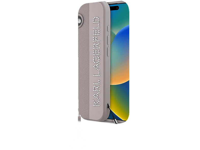 KARL LAGERFELD iPhone 16 Uyumlu Orijinal Lisanslı Anahtarlıklı Taşlı KL Yazılı Saffiano Rhinesto Telefon Kılıfı Pembe
