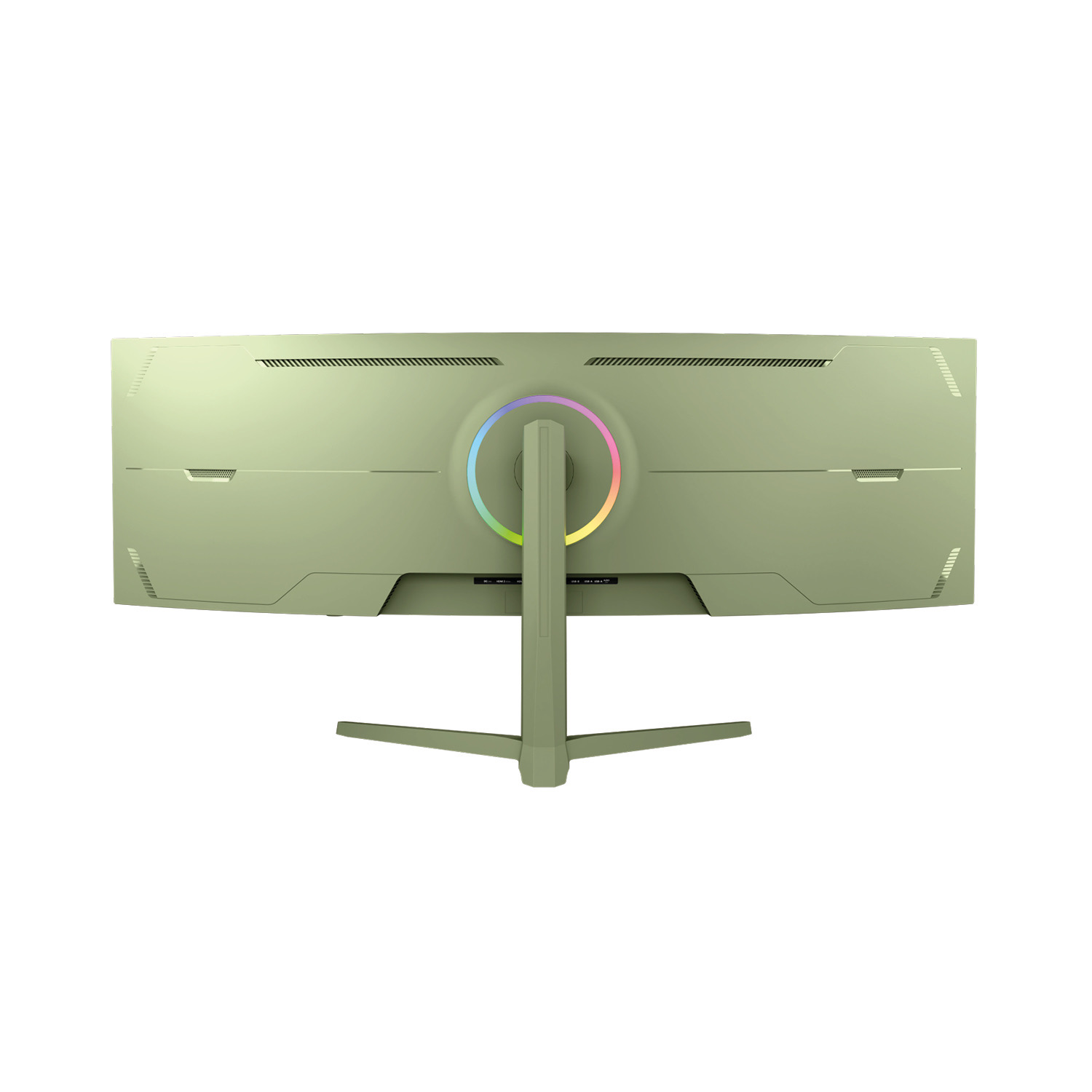 Rückansicht eines salbeigrünen Curved-Monitors mit runder RGB-Beleuchtung und Standfuß vor weißem Hintergrund.