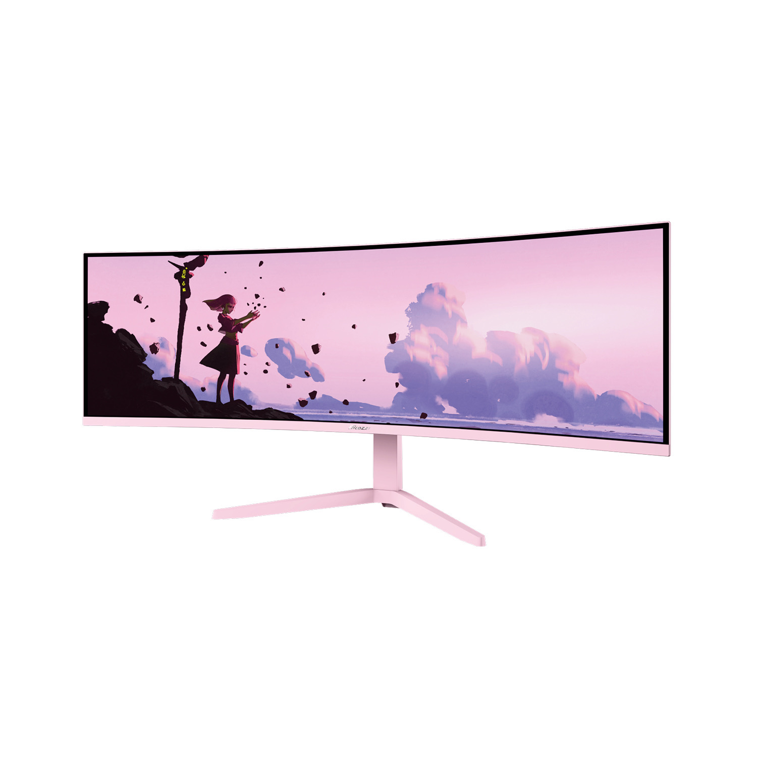 Ein breiter, gebogener rosa Monitor mit einem Anime-Hintergrundbild steht auf einem weißen Hintergrund.