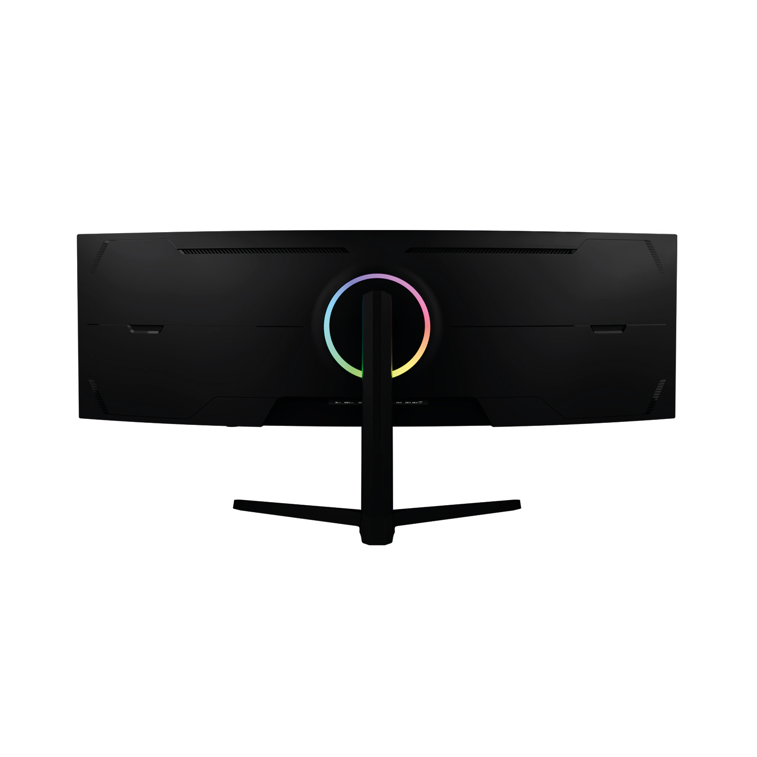 Rückseite eines gebogenen schwarzen Monitors mit einem bunten RGB-Leuchtring auf einem Ständer vor weißem Hintergrund.