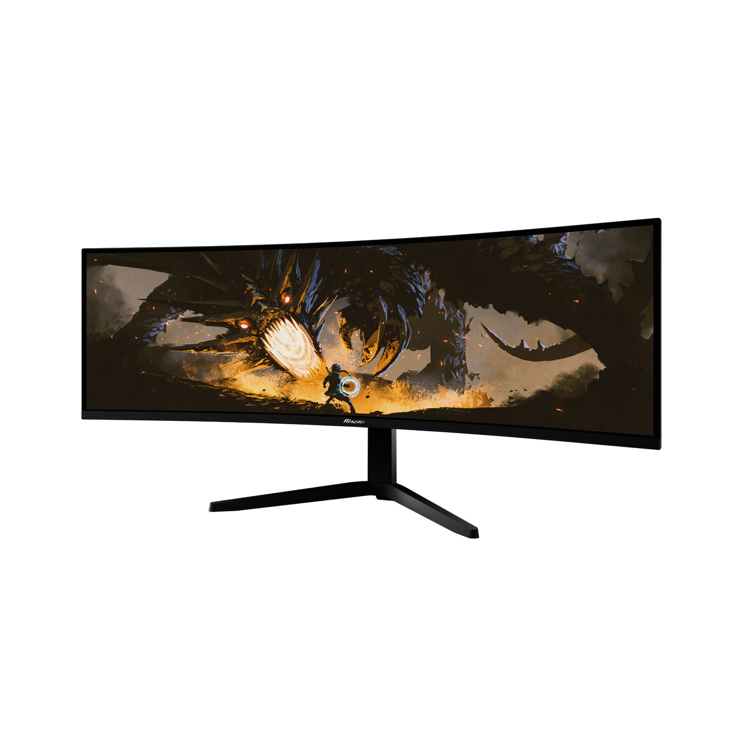 Ein ultrabreiter gebogener Monitor auf einem Ständer zeigt eine Kampfszene mit einem Drachen.