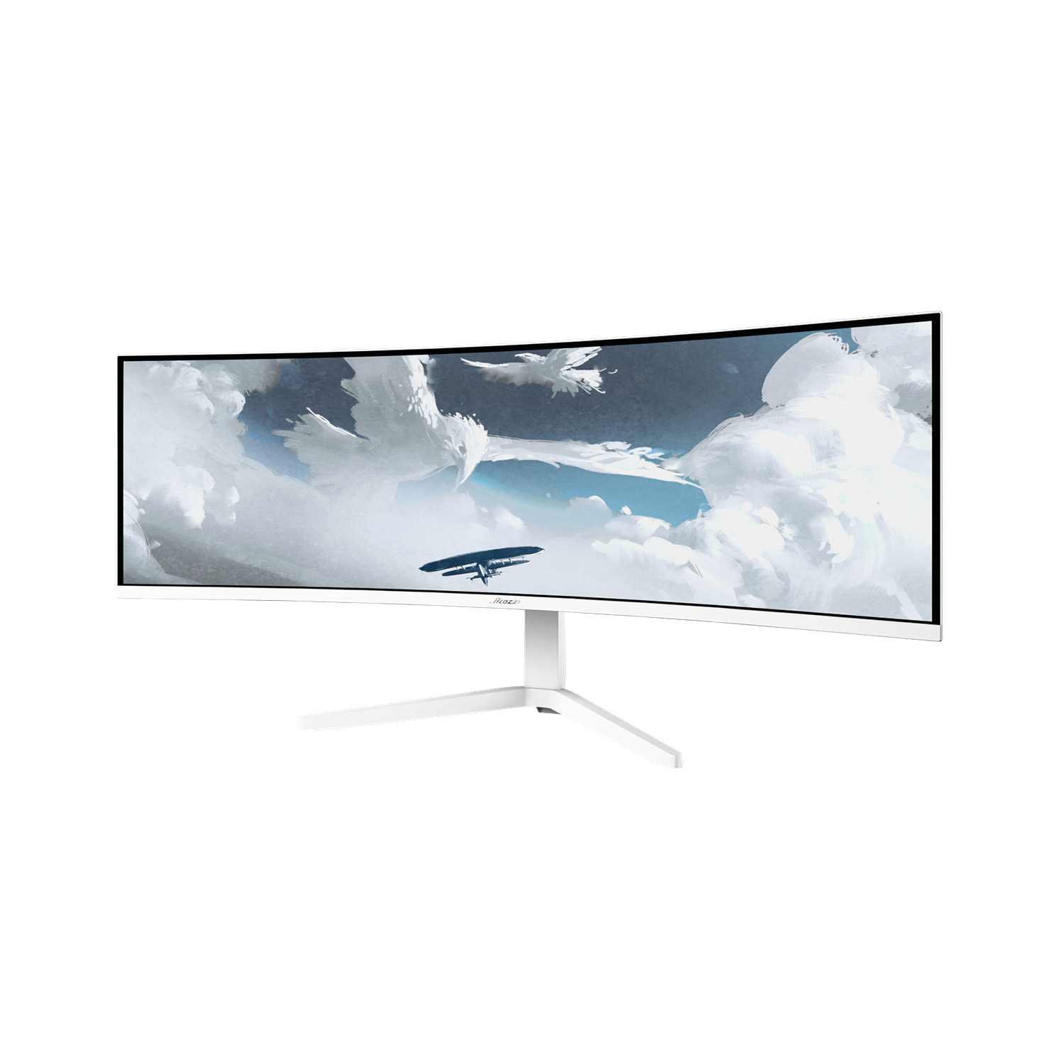 Ein breiter, gebogener weißer Monitor mit einer Kunstszene aus Vögeln und einem Flugzeug in den Wolken.
