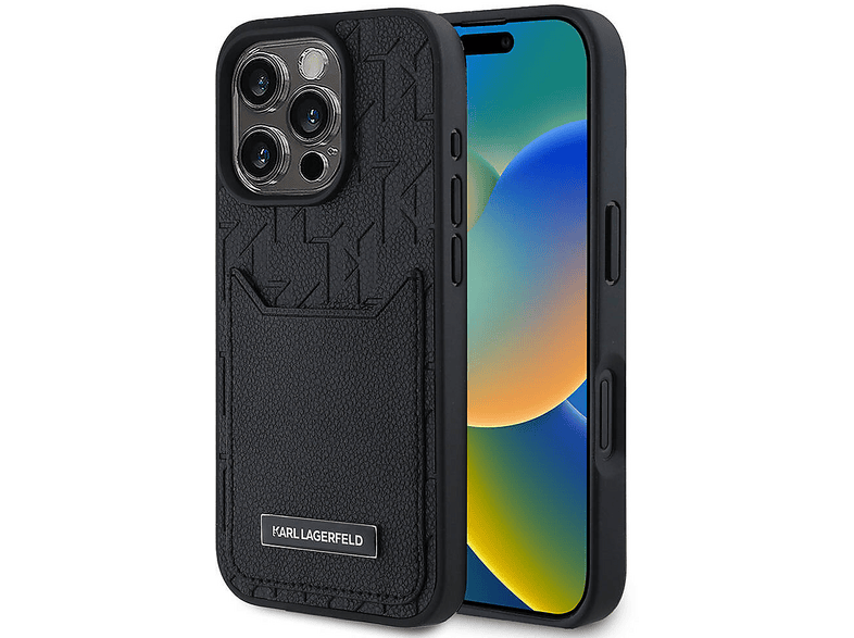 KARL LAGERFELD iPhone 16 Pro Uyumlu Orijinal Lisanslı Kartlıklı Monogram Sıcak Damgalı Elongated Telefon Kılıfı Siyah