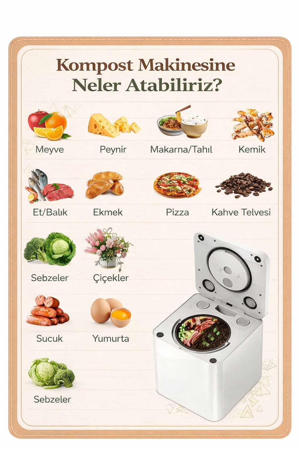 Beyaz bir kompost makinesinin yanında meyve, et ve sebze gibi kompost yapılabilir öğeleri gösteren bir infografik.