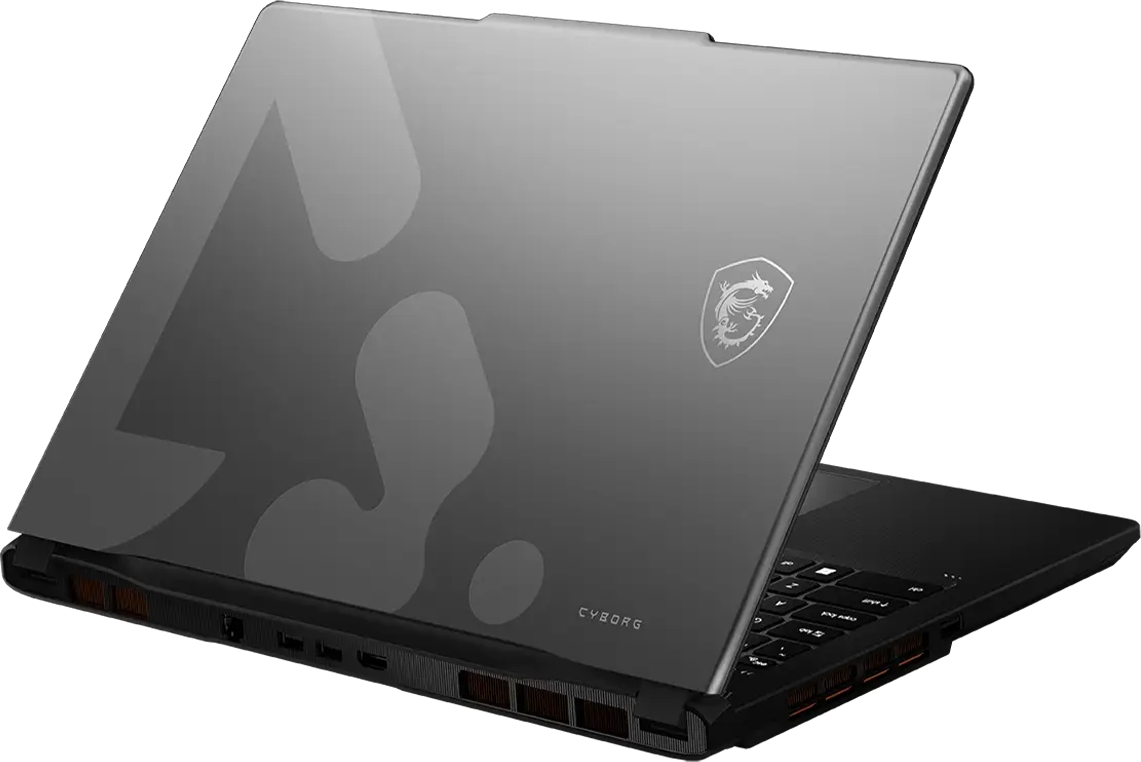 Kapağında ejderha logosu ve siyah klavyesi olan gri renkli bir MSI Cyborg dizüstü bilgisayar.