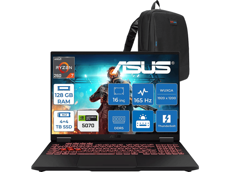 ASUS Tuf Gaming A16 FA608UP 8GB RTX5070 WRV199F56 AMD Ryzen 7 260 128 GB RAM 4 TB SSD 16 inç FreeDOS Laptop+Çanta Gri