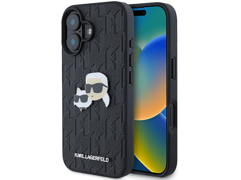 KARL LAGERFELD iPhone 16 Plus Uyumlu Orijinal Lisanslı K&C Heads Monogram Pin Kapak Telefon Kılıfı Siyah