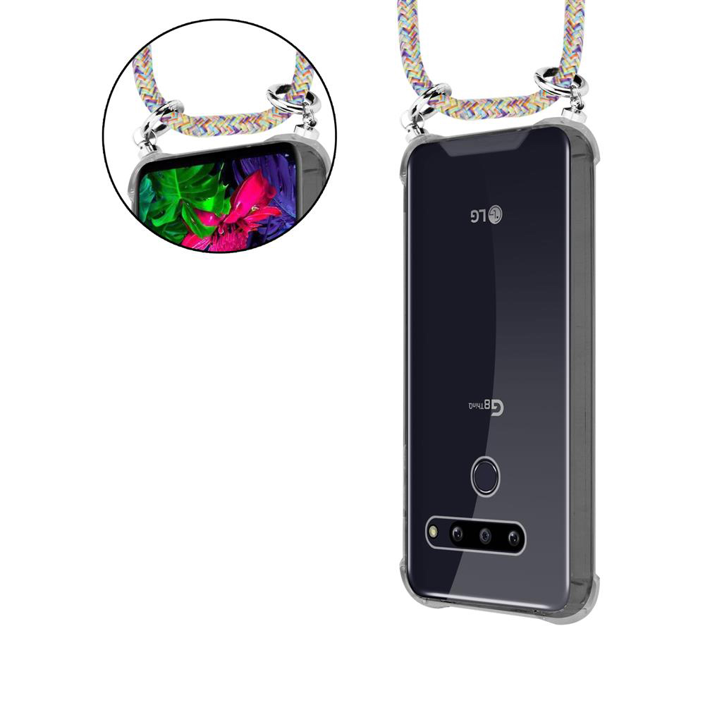 Transparente LG G8 ThinQ Hülle mit bunten Seil und Ringen, Nahaufnahme der Befestigung oben links.