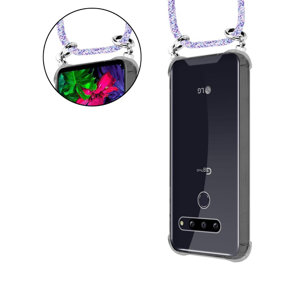 Schwarze LG G8 ThinQ Schutzhülle mit lila Kordel und Detailausschnitt oben.