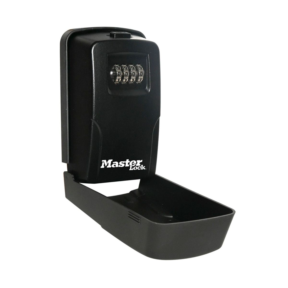 Una cassetta di sicurezza per chiavi Master Lock nera con coperchio aperto e quadrante a combinazione.