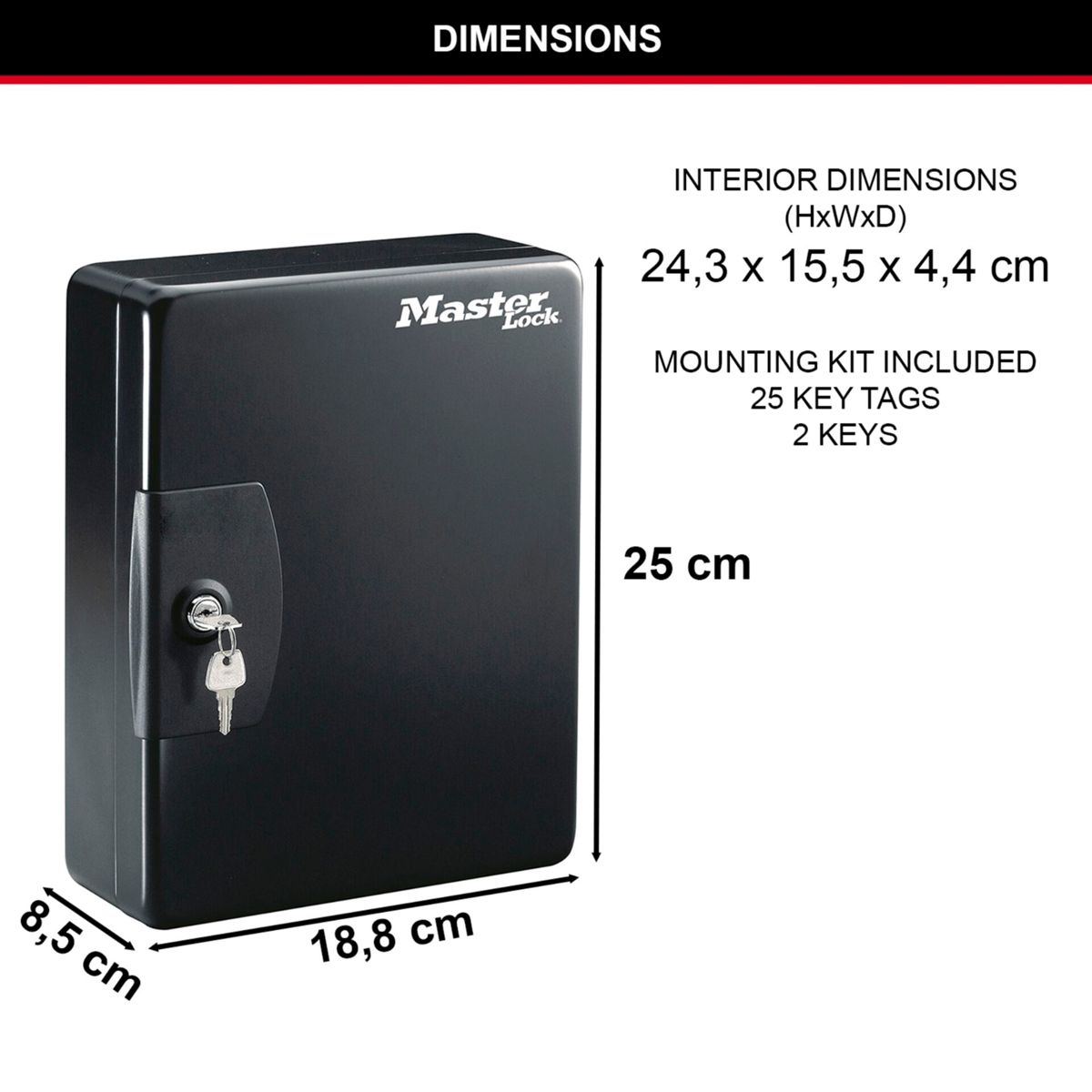 Un portachiavi nero Master Lock con dimensioni, chiave inserita e testo sugli accessori.